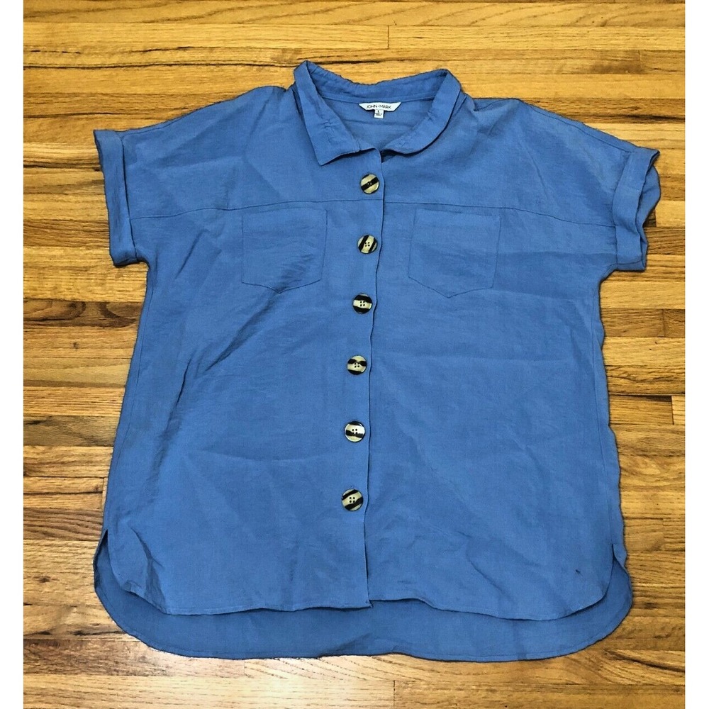 John Mark Button Up Shirt Women L Blue Spread Collared Short Button Down‎ Blend